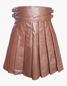 Stylish Brown Pleated Leather Kilt- Front Image