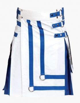 White and Blue Hybrid Kilt with Decorated Front- Front Image
