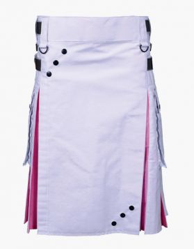 White and Pink Hybrid Kilt with Leather Strap- Front Image 