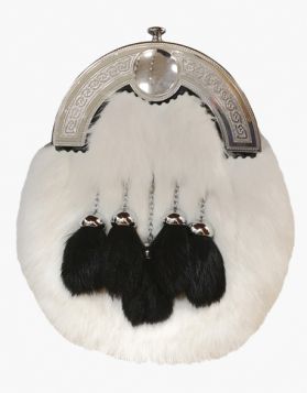 White Rabbit Fur Full Dress Kilt Sporran with 5 Tassels - Front Image