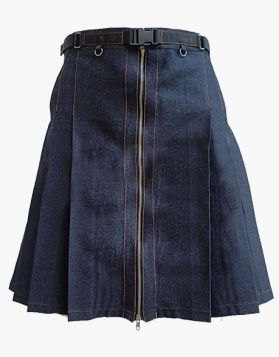 Women Blue Denim Mini Skirt kilt with Slant Pockets- Front Image