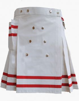 Women White and Red Mini Utility Kilt with Silver Chains - Front Image