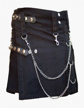 Women's Black Gothic Utility Kilt with Detachable Pockets- Front Image 