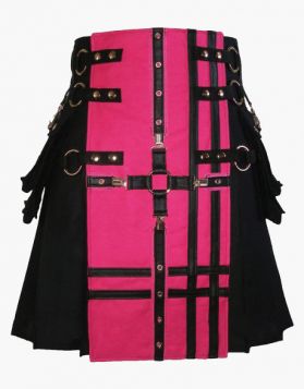Black and Pink Gothic Kilt with Detachable Apron - Front Image