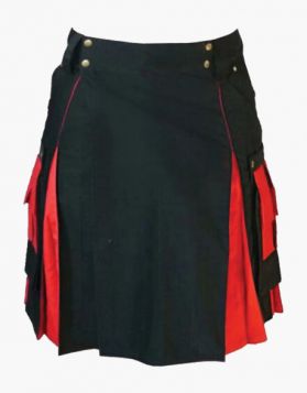 Black and Red Hybrid Kilt with Multiple Pockets - Front Image