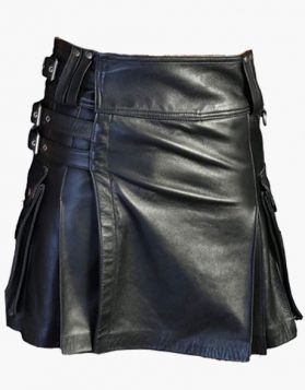 Black Leather Kilt with Pockets and Fastening Straps - Front Image