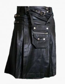 Black Leather Utility Kilt with Detachable Front Pocket