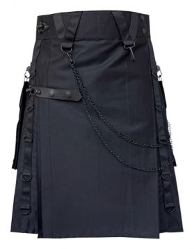 Black Gothic Utility Kilt with Detachable Pockets and Chains 