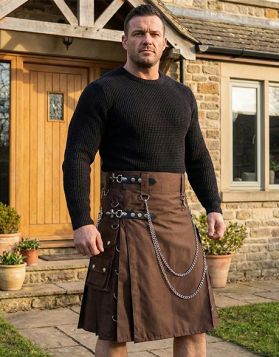  Brown Gothic Utility Kilt with Chains & Studs