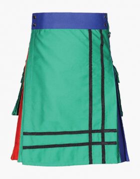 Fashion Blue and Orange Utility Kilt with Green Apron - Front Image