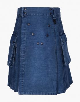 Fashion Blue Denim Kilt with Studs - Front Image