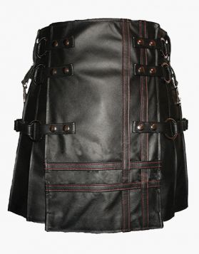 Gothic Black Leather Kilt with Detachable Apron - Front Image