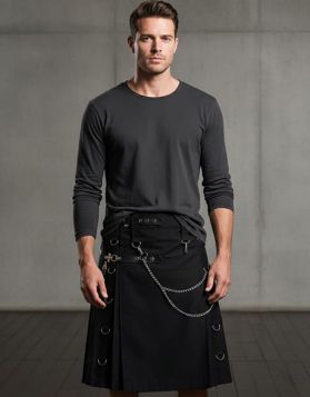 Men's Black Utility Kilt With Chains- Front Image
