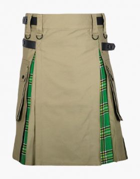 Men's Khaki Irish Green Tartan Hybrid Kilt- Front Image