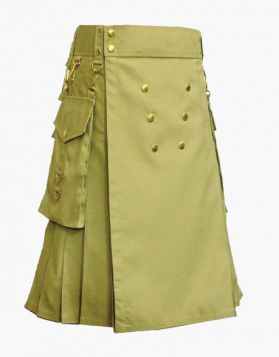 Khaki Utility Kilt With Gold Button