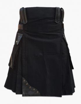Men's Modern Black Utility Kilt with Leather Straps
