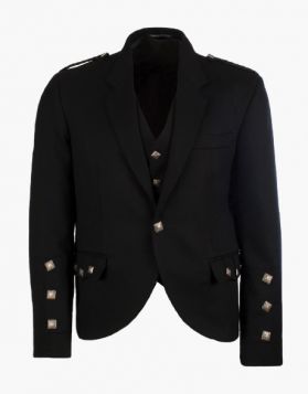 Mens Black Argyll Jacket with 5 Button Vest- Front Image