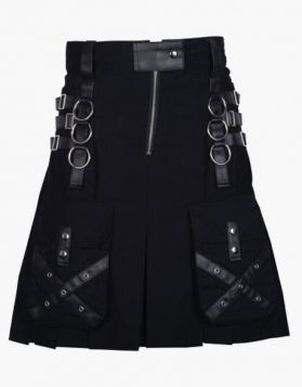 Mens Black Gothic Utility Kilt with Leather Straps - Front Image 