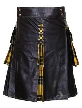 Mens Black Leather Hybrid Kilt with Macleod of Lewis Pleats - Front Image 