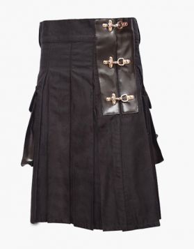 Mens Black Pleated Utility Kilt with Leather Straps- Front Image