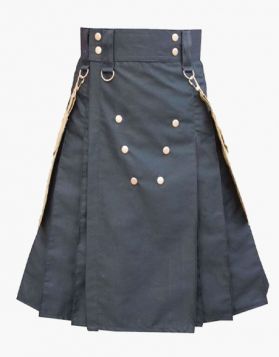 Men’s Black Utility Kilt with Khaki Detachable Pockets- Front Image 