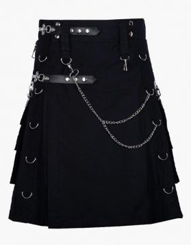 Men's Black Utility Kilt With Chains- Front Image
