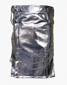 Men's Gothic Metallic Silver Utility Kilt with Chains- Front Image