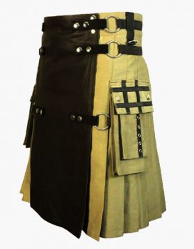 Mens Khaki Hybrid Kilt with Black Leather Apron -Front Image