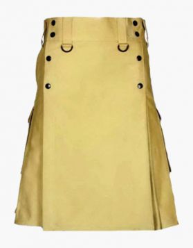 Mens Khaki Utility Kilt with Slant and Flap Pockets - Front Image 