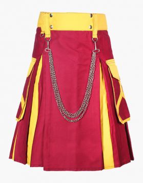 Mens Maroon and Yellow Hybrid Kilt with Chains - front Image