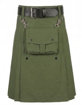 Mens Olive Green Utility Kilt with Detachable Pocket
