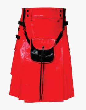 Mens Red Leather Kilt with Black Leathers Straps - Front Image