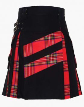 Men’s Stylish Black and Royal Stewart Tartan Hybrid Kilt- Front Image
