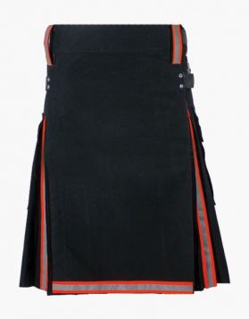 Modern Black Firefighter Kilt with Reflective Tape Pleats - Front Image