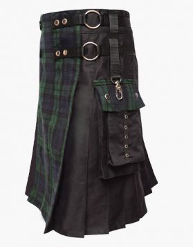 Modern Black Hybrid Kilt with Tartan Apron - Side Image