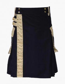 Modern Black Utility Kilt with Khaki Straps - Front Image 
