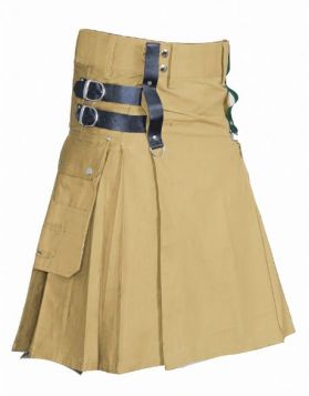 Modern Khaki Utility Kilt with Flap Pockets - Front Image