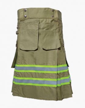 Modern Olive Green Firefighter Kilt with Pockets - Front Image
