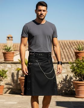 Men's Black Utility Kilt With Chains- Front Image