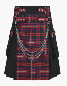 Stylish Black Gothic Kilt with Tartan Apron and Chains- Front Image