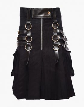 Stylish Black Utility Kilt with Zip Closure - Front Image