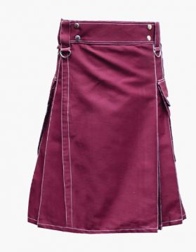 Stylish Maroon Utility Kilt with White Outer Thread - Front Image
