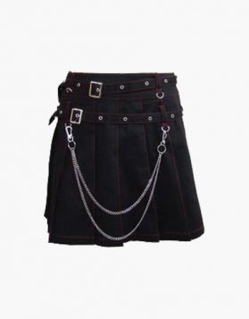 Stylish Women Black Pleated Mini Kilt with Chains - Front Image