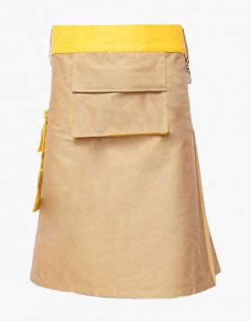 Khaki and Yellow Hybrid Utility Kilt with Front Pocket - Front image