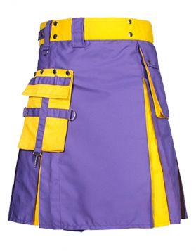 Men's Purple and Yellow Hybrid Utility Kilt with Pockets and Strap