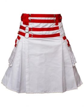 White and Red Modern Utility Kilt with Silver Rings