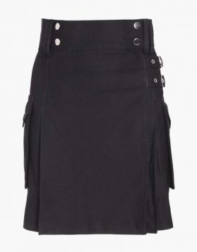 Women Black Utility Kilt with Buckle Straps - Front Image