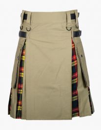 Khaki & Buchanan Tartan Hybrid Kilt - Khaki hybrid kilt